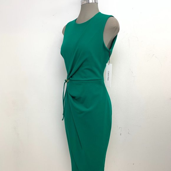 Petite Size 4P NEW Calvin Klein Elegant Faux Wrap Meadow Green Sheath Dress - Picture 3 of 7